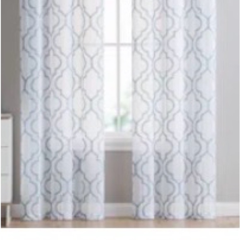 Elegant White and Blue Embroidered Trellis Geometric Patterned Curtains